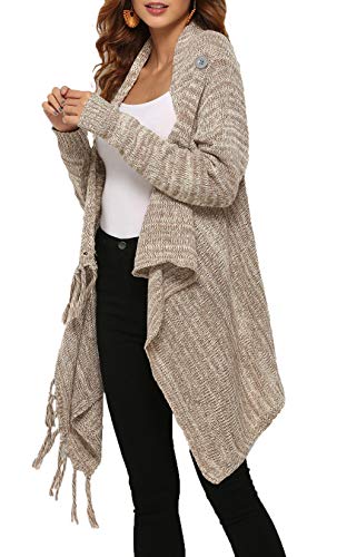 HZSONNE Women's Speckled Fringe Cardigan Tassel Asymmetrical Hem Shawl Heap Collar Casual Sweater Poncho Knitwear Coat Khaki