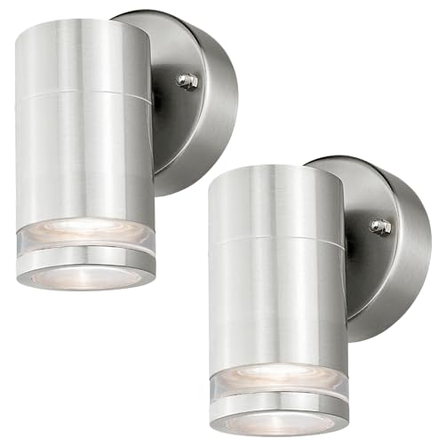 4lite Marinus Outdoor Down Wall Light (Stainless Steel) Pack of 2 Rust Free IP44 Rated Exterior Wall Lamp Supplied with 2X Smart GU10 Bulbs