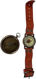 Combo Set Nautical Style Handmade Antique Brass Wrist Compass W/Leather Strap and Pocket Compass Navigational Instrument Handy Mini Sized Front Face Compass