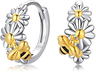 Daisy Earrings, Hypoallergenic 925 Sterling Silver Bee/Butterfly with Small Daisy Flower Hoop Earrings Gift for Women Teens Mom