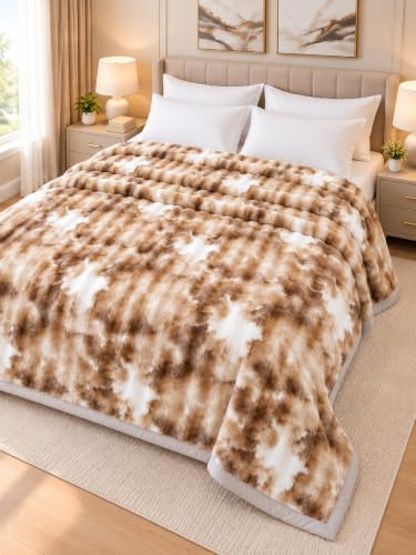 Image of Signature 3-Ply Faux Rabbit Fur Blanket King Size | Ultra Soft Heavy Weight Quilt-Feel Blanket | 6kg Luxury Winter Comforter for Bed Ideal for Heavy Winters (Caramel Cloud)
