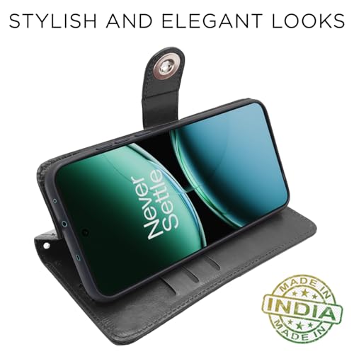 Image of Pikkme Flip Cover Leather Finish | Inside TPU with Card Pockets | Wallet Stand and Shock Proof | Complete Protection Button Flip Case for OnePlus Nord 4 5G (Black)