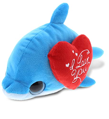 DolliBu I Love You Valentine Plush Big Eye Blue Dolphin - Cute Stuffed Animal with Red Heart and Name Personalization Gift for Valentines Day, Birthday, Anniversary, Romantic Date - 6 Inches