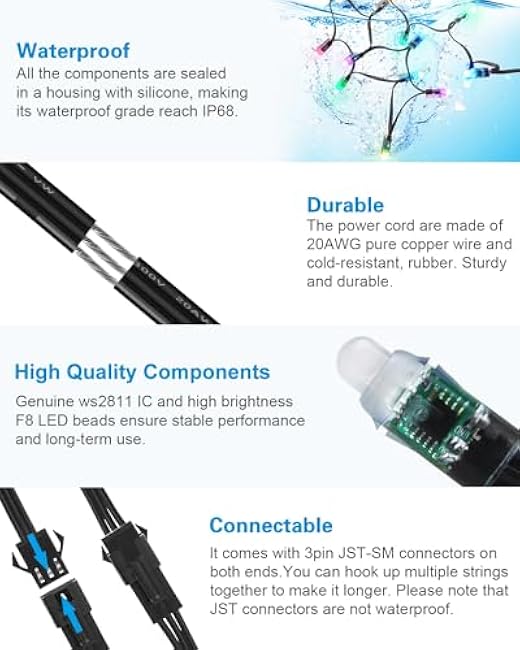 ALITOVE WS2811 Addressable LED Pixel Light 50pcs 5V 12MM Digital Dream Color Diffused RGB LED Pixels Module Round Black Wire IP68 Waterproof for Billboard House Halloween Christmas Decor