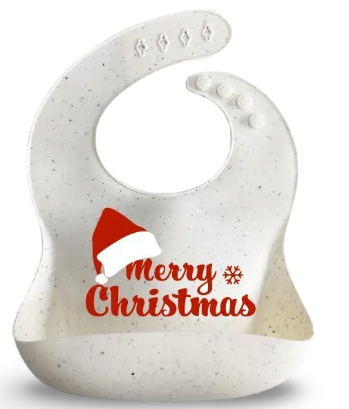 H&CO Merry Christmas Silicone Baby Bib, White with Red Holiday Design, Adjustable
