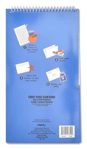 Image of iscream + Corey Paige Designs Fold and Send Boys Stationery - Basketball | 40 Pack, Fun Print, Spiral Bound, Large 10.5 inch x 5.75 inch Cards, Coordinating Sticker Sheets, Fold and Send, Summer Camp Ready