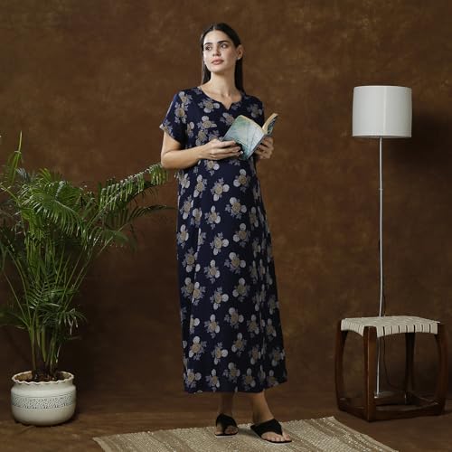 Image of MomToBe Women's Cotton Maxi Maternity Nighty /Feeding Nighty /Pregnancy Night Gown /A-Line Nursing Nighty with Zippers for Nursing Pre and Post Pregnancy