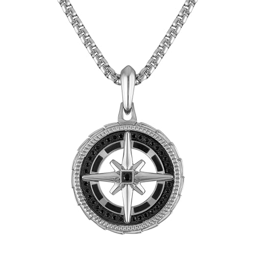 Bulova Jewelry Men's Marine Star Stainless Steel with Black Diamonds Compass Pendant, Stainless Steel Rounded Box Link Chain,Length 24