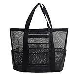 MUNKST Large Mesh Pool Tote Bag,Beach Bags for Women with Zip Waterproof Pocket,Summer Holiday Essentials Family Travel Bag,Reusable Shopping Grocery Shoulder Bag for Picnic Gym School (black)