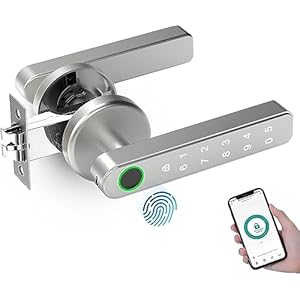 Smart Lock: TEKXDD Smart Door Lock Silvery Handle Electronic Keyboard Password Bluetooth Biometric Identification Fingerprint Key Digital WiFi Electronic Touch Front Door Home Office Apartment