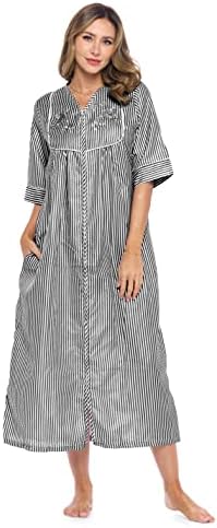 Casual Nights Women's Zip Front Seersucker House Dress 3/4 Sleeves Housecoat Long Duster Lounger - Striped Black - X-Large