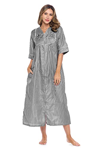 Image of Casual Nights Women's Zip Front Woven House Dress | 3 /4 Sleeves Housecoat Long Duster Lounger