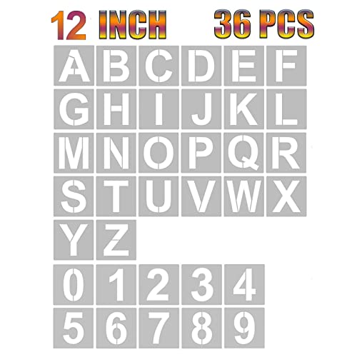 Image of 4 Inch Letter Stencils and Numbers, 36 Pcs Alphabet Art Craft Stencils, Reusable Plastic Art Craft Stencils for Wood, Wall, Fabric, Rock, Chalkboard, Signage, DIY School Art Projects (12 Inch)