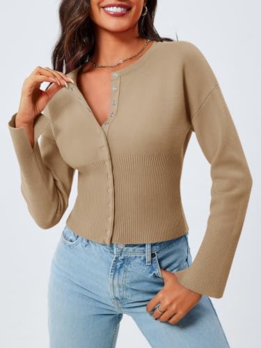 Image of Saodimallsu Womens Cropped Sweaters Cardigan | Button Down,Long Sleeve,V Neck,Ribbed Knit,Slim Fit ,Pullover Crop Tops