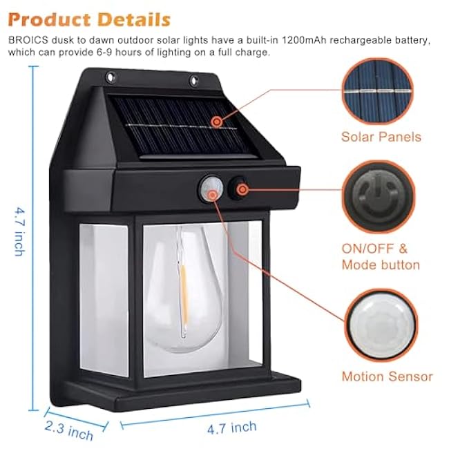 Solar Wall Lights Outdoor, Wireless Dusk to Dawn Porch Lights Fixture, Solar Wall Lantern with 3 Modes & Motion Sensor, Waterproof Exterior Lighting with Clear Panel for Entryway Front Door