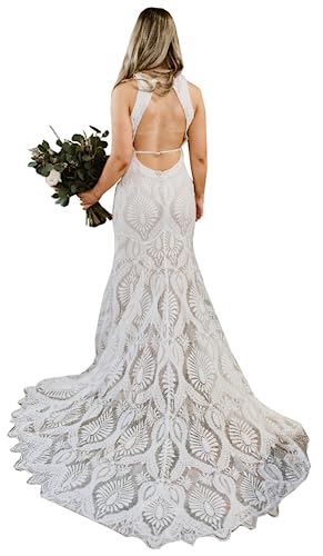 Image of Women's Beach Wedding Dresses for Bride 2022 Vintage Long Sleeves Lace Bohemian Bridal Gown