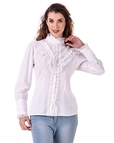 ThePirateDressing Women's Steampunk Victorian Renaissance Ruffled Gothic Pirate Shirt Blouse for Cosplay, Tavern, Halloween, RenFaire, Bard, Gypsy Costume- C1657 White Small