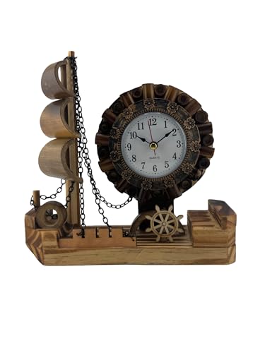 Wooden Ship Design Desk Clock – Nautical Style Table Clock with Rustic Finish, Decorative Boat