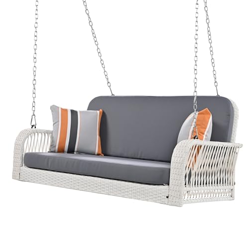 Outdoor Wicker Swing Bench - 2-Seater Porch Swing Hanging Bench with Durable Metal Chains, Modern Patio Swing Furniture with Cushions and Pillows for Poolside, Backyard, Garden and Deck, White & Grey