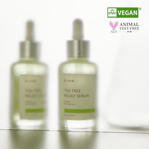 Image of IUNIK Tea Tree Relief Serum - Tea Tree & Centella Asiatica Lightweight Vegan Ampoule for Soothing, Calming & Oil Balance, Korean Skincare for Acne-Prone Skin, 50ml / 1.69 fl oz