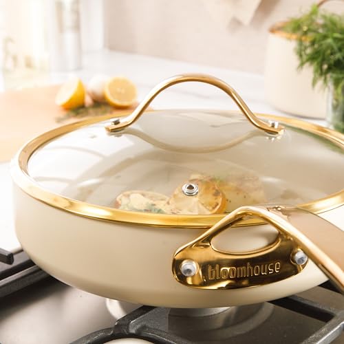 Bloomhouse - Two Time Oprah's Favorite Things Winner - 10 Inch Heavy Duty Aluminum Premium PFA Free Ceramic Nonstick Saute/Deep Frying Pan Skillet with Lid - Almond Cream w/Gold Handle by bloomhouse - Image 5