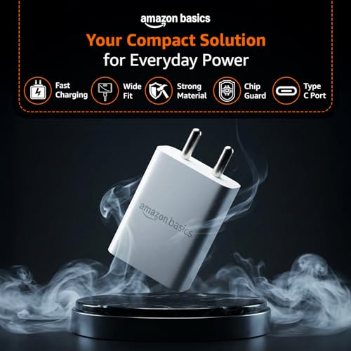 Image of Amazon Basics 25W Compact Wall Charger | Type-C Fast Charging Adapter for Samsung, Xiaomi Phones and iPhone (White, Without Cable)
