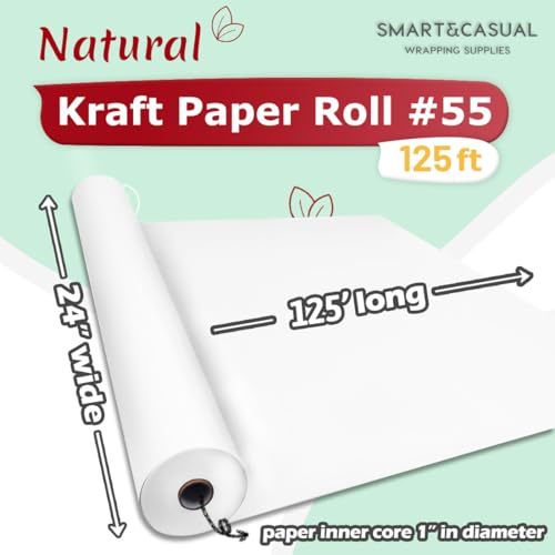 Image of SMART&CASUAL 24 inch x 1,500 inch (125') White Kraft Craft Paper Roll for Gift Wrapping Bulletin Board Bouquet Flower Art Packing Parcel Table Covering 80GSM 55LB (White, 24 inch x 125')