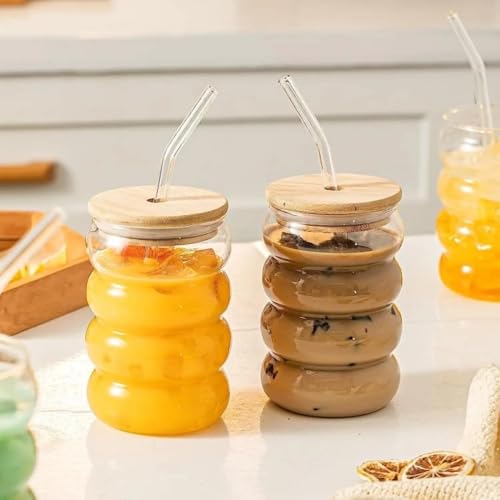 Image of Ripple Shape Glass Tumbler with Straw, 550 ML Each, Set of 2 Glass Sippers with Bamboo Lid & Reusable Glass Straw, Wave Pattern Aesthetic Coffee Tumbler Glass for Cold Drinks
