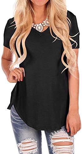 Womens Casual Curved Hem Long Sleeve T Shirt V Neck Side Slit Blouse