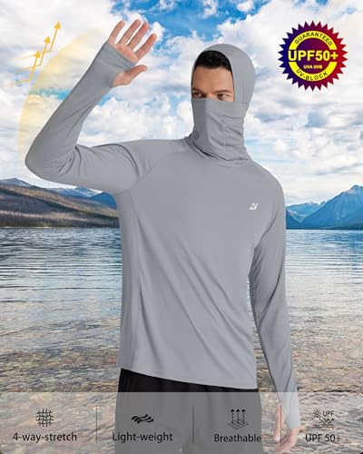 Roadbox UPF 50+ Men's Hooded Fishing Shirts, Long Sleeve UV Sun Protection Hoodie Hiking Running Swim Rash Guard with Mask3