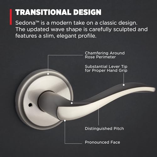 Image of Kwikset Sedona Interior Privacy Door Handle with Lock, Door Lever for Bathroom and Bedroom, Satin Nickel Reversible Keyless Push Button Lock Door Lever, with Microban Protection