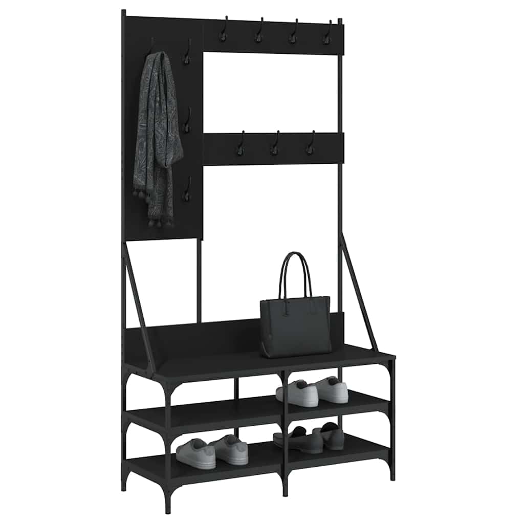 Kleiderständer mit Schuhablage Schwarz Holzwerkstoff und Metall 100x40x184 cm freistehend höhenverstellbar mit Rollen platzsparend für Schlafzimmer Flur und Wohnzimmer