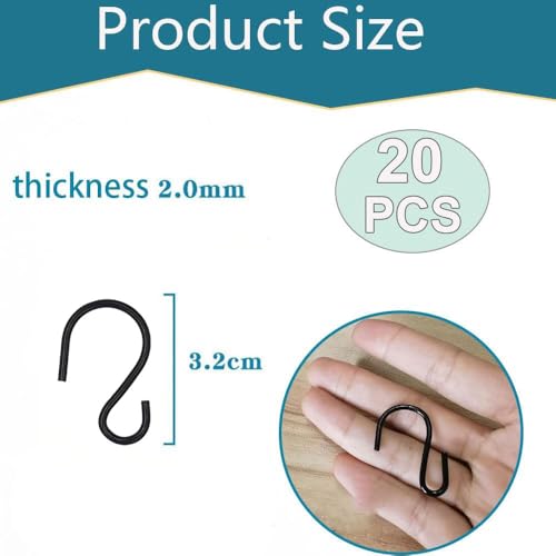 leersao 20 Stück S Haken Zum Einhängen, 3,2cm kleine S Haken Hängehaken Schwarz Mini Aufhängehaken Metall Haken für DIY Handwerk Hängenden Schlüsselanhänger Schmuck Namensschild