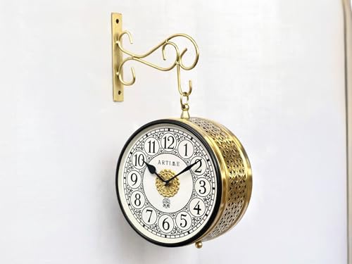 Image of Handcrafted Double Side Metal Analog Vintage Wall Clock,Hand Jali Cutting | 1.5 Year Machine Warranty |65470- Size INCHES | 1 Side Number 1 Side Roman,Colour Golden Size 8 inch