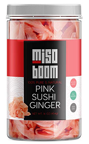 Pickled Ginger for Sushi, 16 oz. Sushi Ginger Slices, Gari Ginger Jar Pink, Ginger Pickle, Ginger Sushi, Sliced Pickled Ginger in a Jar, Pickled Red Ginger, Fat Free, Sugar Free, No MSG. By Miso Boom.