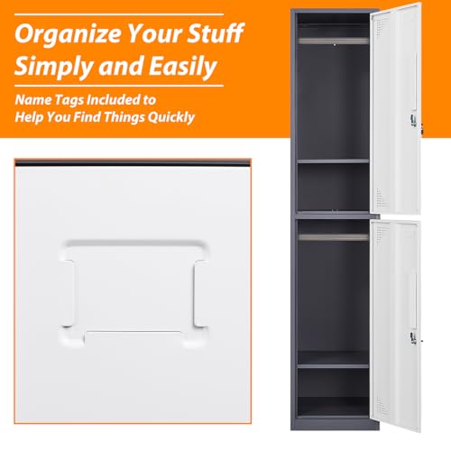 Image of Metal Locker for Home, Dressing Room, 71 inch Steel Storage Lockers for Employees, Lockable Locker Cabinet with 2 Doors (Grey White)