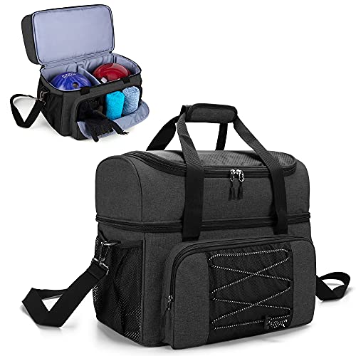 DSLEAF Bowling Bag for 2 Balls, Bowling Tote with Wooden Bowling Cups and Padded Divider for Double Ball and A Pair of Bowling Shoes Up to Mens 16 and Extra Essentials (Patent Design), Bag Only