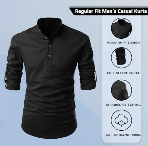 Image of Zombom Men's Solid Cotton Polyester Blend Casual Regular Fit Mandarin /Chinese Collor Full Sleeve Kurta Shirt for Men