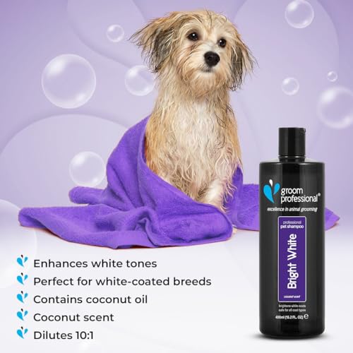 GROOM PROFESSIONAL Bright White Hundeshampoo Weißes Fell - Tiefenreinigendes Shampoo für Hunde - Hellt Weißes Fell Auf - Aufhellendes Shampoo - Entfernt Flecken und Gerüche, 4 Liter