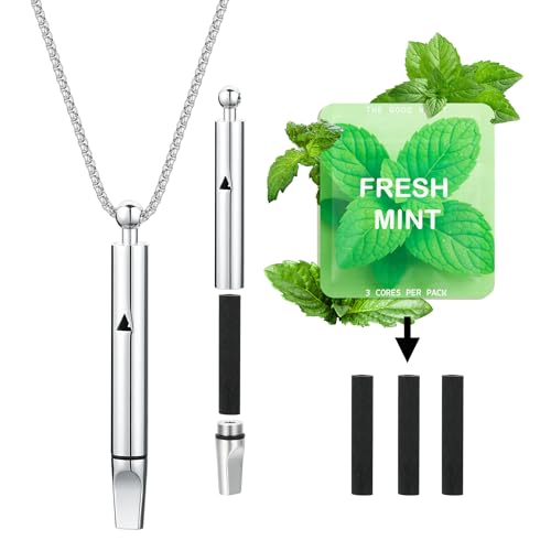 Breathe Free Breathing Necklace with Adjustable Resistance Quit Smoking Inhaler with Refillable Mint Pods Stop Smoking Necklace for Anxiety Relief Relaxation Focus Mindful Breathing Silver