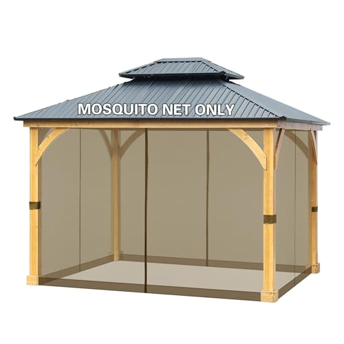 BPS 10 x 12 Gazebo Universal Netting Screen Replacement 4-Panel Screen Walls with Double Zippers for Outdoor Patio Brown