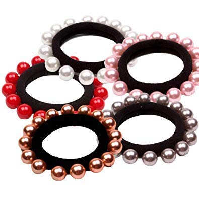 DC Beauty Designer Beautiful Pearl Hair Accessories Black Elastic Hair Rubber Bands Lovely Hair Ropes Ponytail Holder for Girls (6 Pcs, Multicolour)