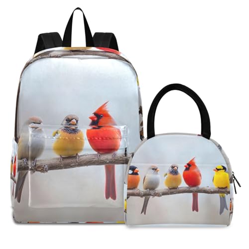 Backpack Lunch Bag Set Birds on Tree Print, Big Storage Travel Backpacks with Insulated Lunch Box for Office Hiking Picnic