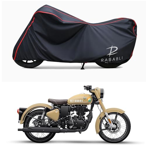 Image of Waterproof Bike Body Cover Compatible for | Royal Enfie Classic 350 Signal | Taffeta Fabric, Red Piping Design, Bottom Elastic Fit | Dustproof, Sun UV & Rain Protection for All Bikes