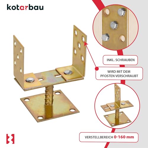KOTARBAU® U Pfostenträger Aufschrauben 0-160 mm Pfostenträger für Holzpfosten Verzinkt Aufschrauben Stützenfuß Bodenanker Pfostenträger Höhenverstellbar Bodenanker Breitenverstellbar