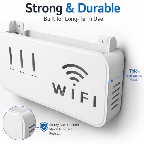 Image of Nurmantras inchHerbal By Nur inch Self Adhesive WiFi Router Stand Wall Mount Holder - No Drill Storage Shelf for Router, Modem, Set Top Box with Cable Management Organizer | White (Pack of 2)