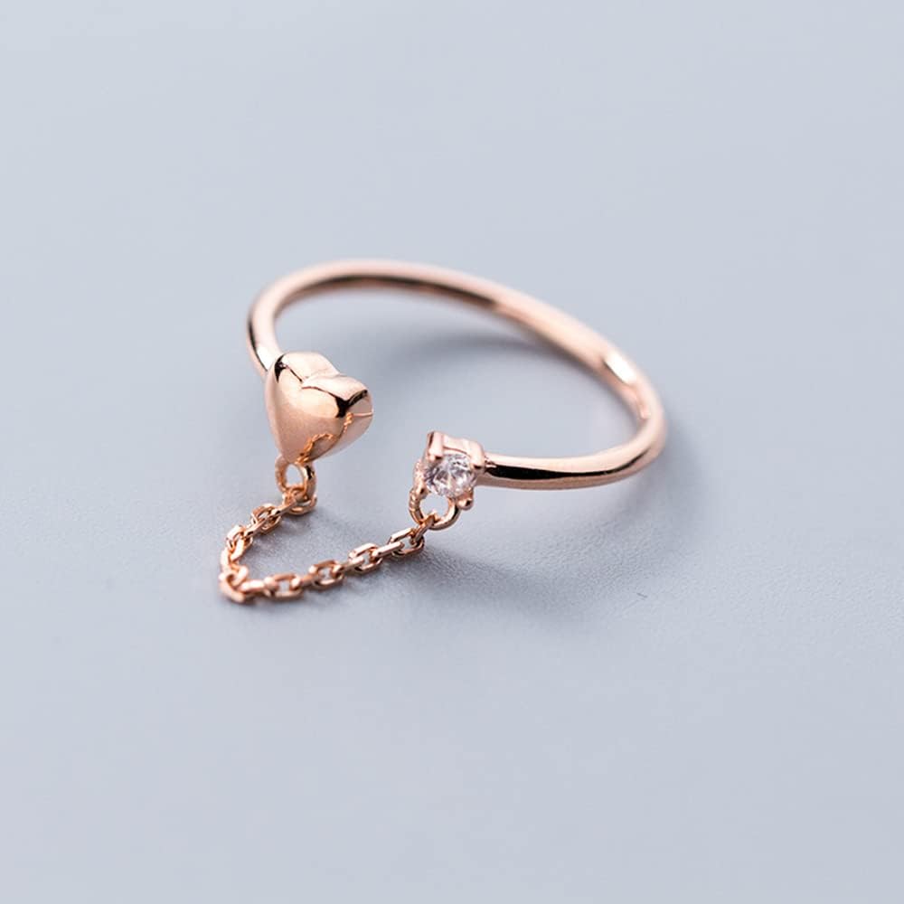 Tiny Love Heart with Chain Adjustable Open Ring for Women 925 Sterling Silver Expandable Small Finger Knuckle Pinky Ring Promise Eternity Stacking Ring for Her Birthday Wedding Gifts - Image 2
