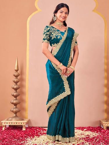 Image of SIRIL Women's Tissue Silk Sequins Embroidery Saree with Unstitched Blouse Piece