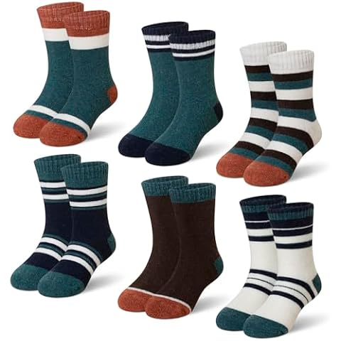 Eyean Kids Merino Wool Socks Boys Girls Thermal Winter Hiking Warm Thick Boot Cozy Toddler Crew Socks 6 Pairs (1-3 Years, Green Stripes) Cover