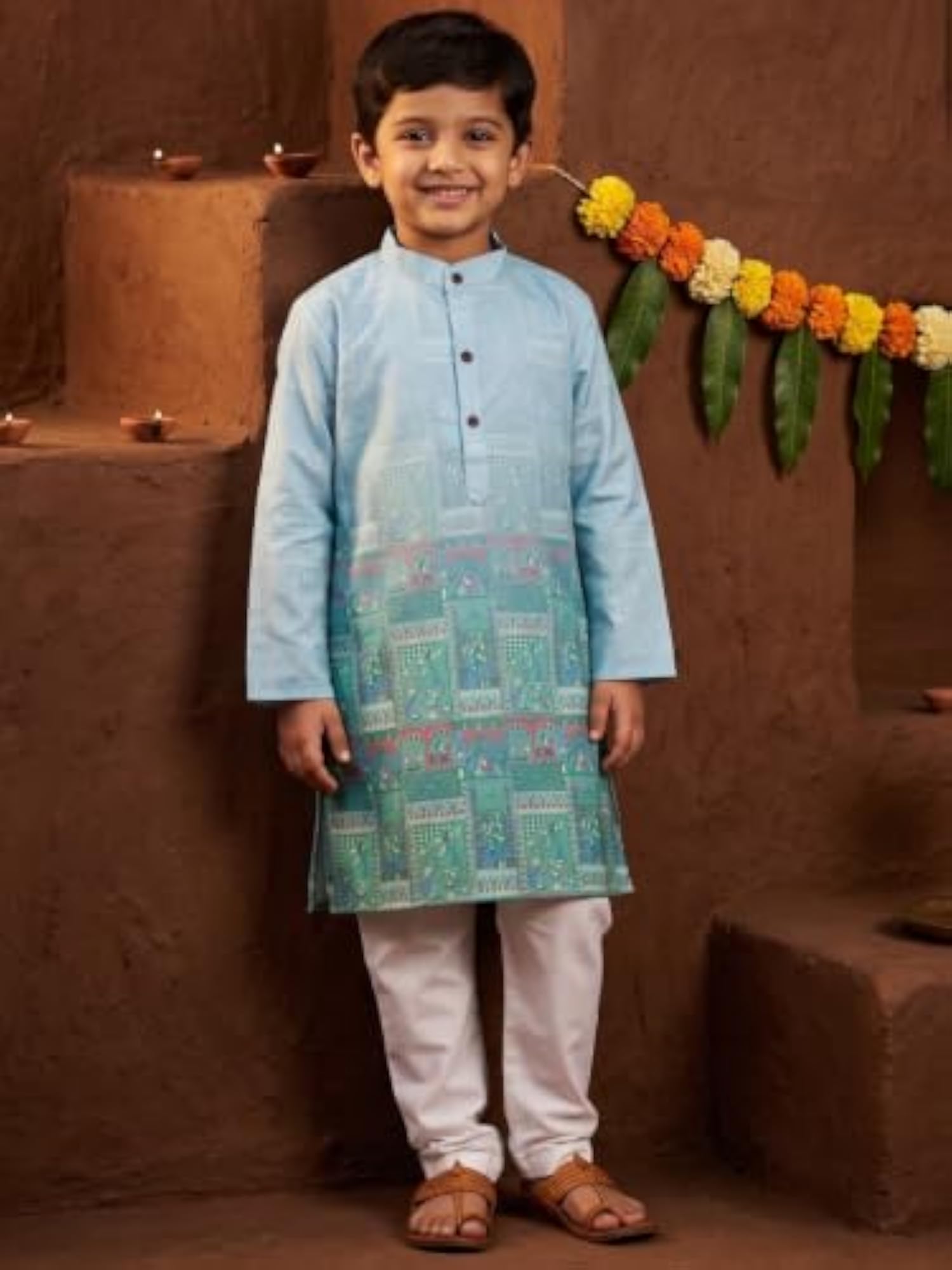 Ethnic Print Kurta Pajama Set, Stylish Cotton Blend
